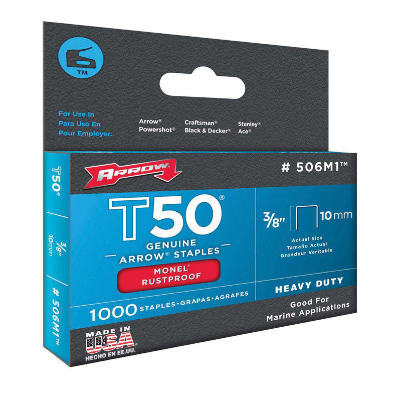 Arrow Fastener 506M1 Heavy Duty T50 Monel Staples for Marine Applications, 3/8-Inch Leg Length, 3/8-Inch Crown Size, 1000-Pack