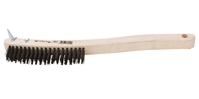 Forney 70511 Wire Scratch Brush, Carbon Steel with Curved Wood Handle & Metal Scraper, 13-11/16"-by-.014"