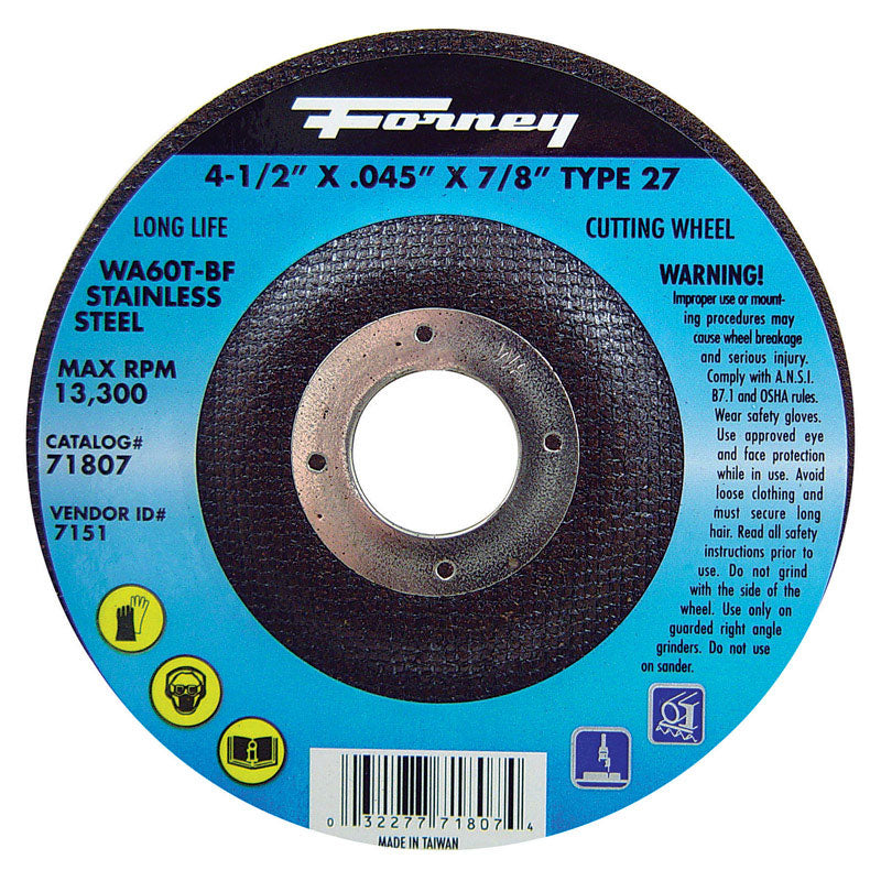 Forney 71807 Cut-Off Wheel with 7/8-Inch Arbor, Stainless Steel Type 27, A46Q-BF, 4-1/2-Inch-by-0.45-Inch