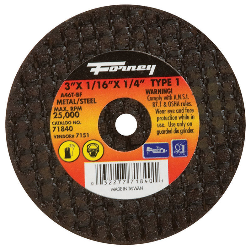 Forney 71840 Cut-Off Wheel with 1/4-Inch Arbor, Metal Type 1, A46T-BF, 3-Inch-by-1/16-Inch