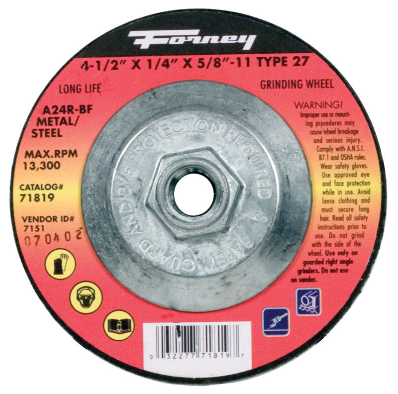 Forney 71819 Grinding Wheel with 5/8-Inch-11 Threaded Arbor, Metal Type 27, A24R-BF, 4-1/2-Inch-by-1/4-Inch