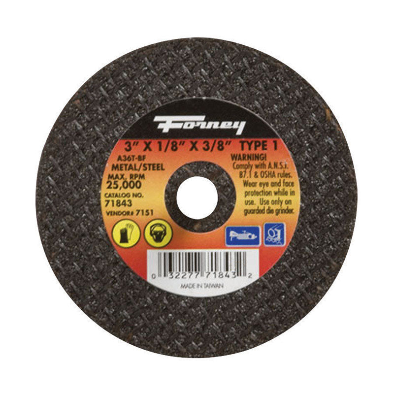 Forney 71843 Cut-Off Wheel with 3/8-Inch Arbor, Metal Type 1, A36T-BF, 3-Inch-by-1/8-Inch