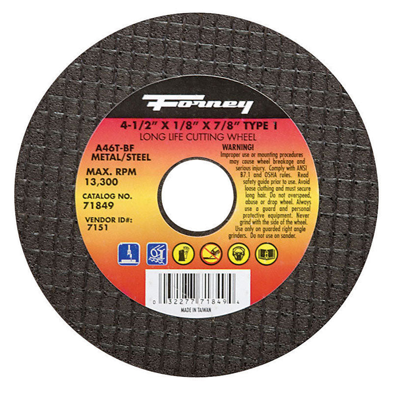 Forney 71849 Cut-Off Wheel with 7/8-Inch Arbor, Metal Type 1, A36T-BF, 4-1/2-Inch-by-1/8-Inch