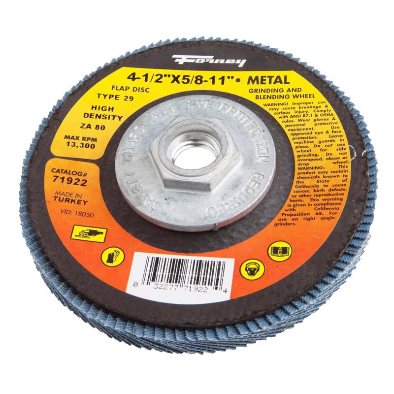 Forney 71921 Flap Disc, Type 29 Blue Zirconia with 5/8-Inch-11 Threaded Arbor, 60-Grit, 4-1/2-Inch