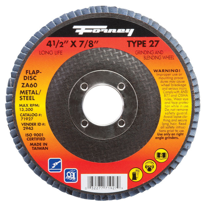 Forney 71927 Flap Disc, Type 27 Blue Zirconia with 7/8-Inch Arbor, 60-Grit, 4-1/2-Inch