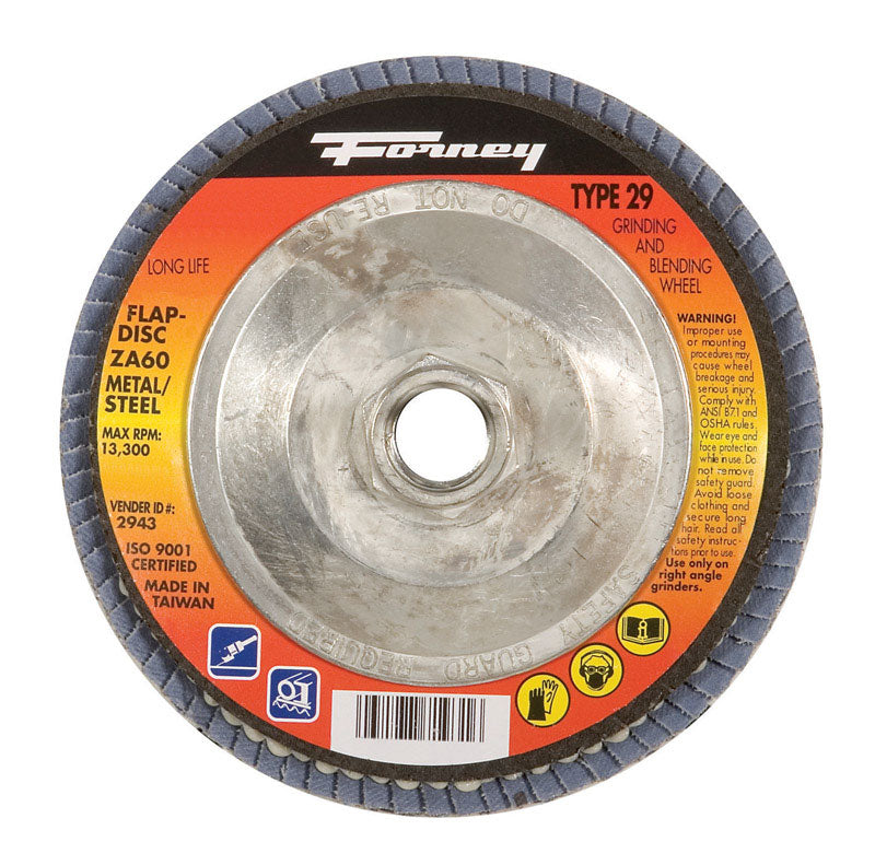 Forney 71931 Flap Disc, Type 29 Blue Zirconia with 5/8-Inch-11 Threaded Arbor, 60-Grit, 4-1/2-Inch