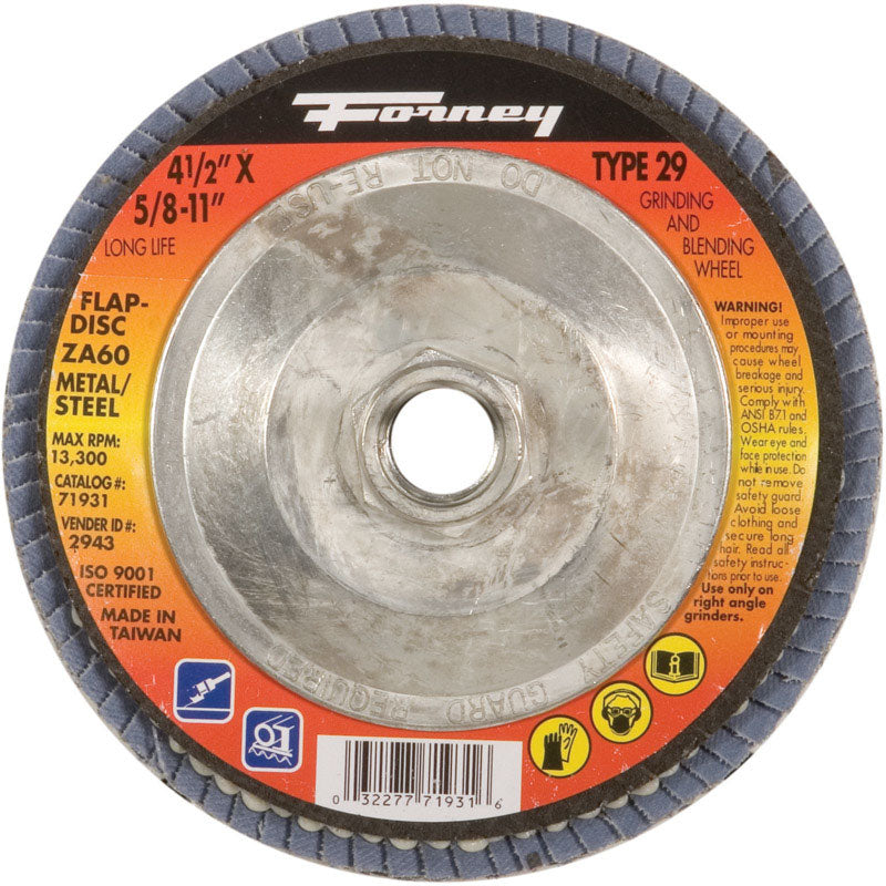 Forney 71932 Flap Disc, Type 29 Blue Zirconia with 5/8-Inch-11 Threaded Arbor, 80-Grit, 4-1/2-Inch