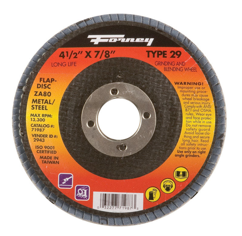 Forney 71987 Flap Disc, Type 29 Blue Zirconia with 7/8-Inch Arbor, 80-Grit, 4-1/2-Inch