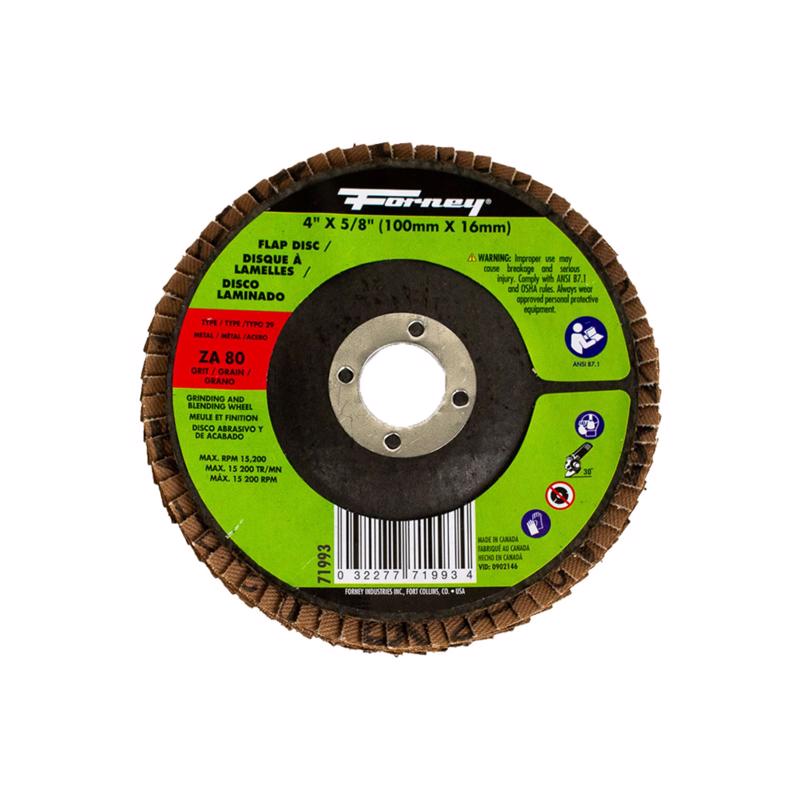 Forney 71993 Flap Disc, Type 29 Blue Zirconia with 5/8-Inch Arbor, 80-Grit, 4-Inch