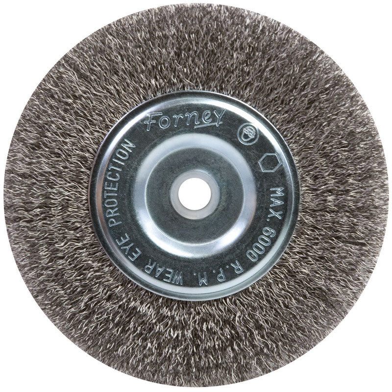 Forney 72747 Wire Bench Wheel Brush, Fine Crimped with 1/2-Inch and 5/8-Inch Arbor, 6-Inch-by-.008-Inch
