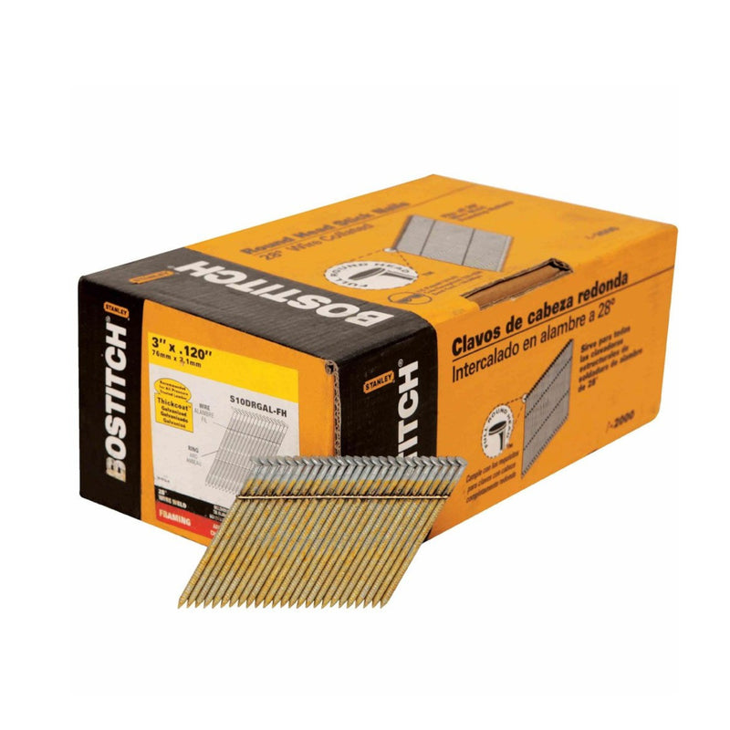BOSTITCH Framing Nails, 28 Degree, Wire Weld, Galvanized, 3-Inch x .120-Inch, 2000-Pack (S10DRGAL-FH)