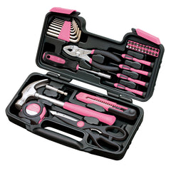 Apollo Tools Original 39 Piece General Household Tool Set in Toolbox Storage Case with Essential Hand Tools for Everyday Home Repairs, DIY and Crafts - Pink Ribbon - Pink - DT9706P