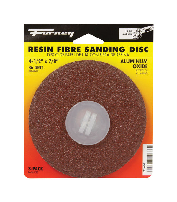 Forney 71668 Sanding Discs, Aluminum Oxide with 7/8-Inch Arbor, 4-1/2-Inch, 36-Grit, 3-Pack