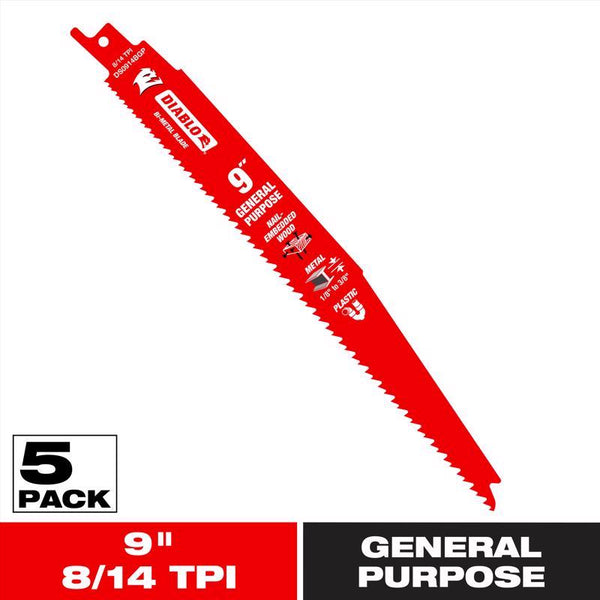 Freud DS0914BGP5 9-Inch x 8-14T Demo Demon Diablo Reciprocating Blade, 5-Pack, Red