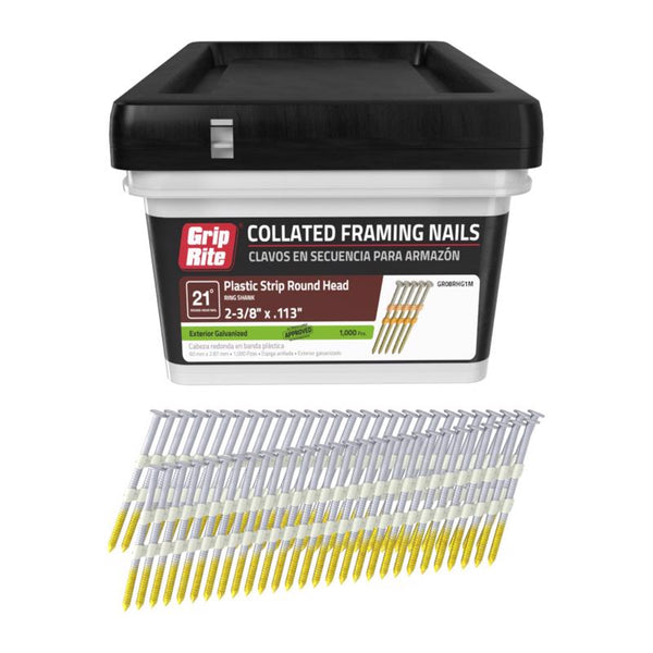 Grip-Rite GR08RHG1M 2-3/8" x .113", 21-Degree Plastic Strip Round Head Framing Nails, Ring Shank, Galvanized, 1M Plastic Tub (1000 Count)