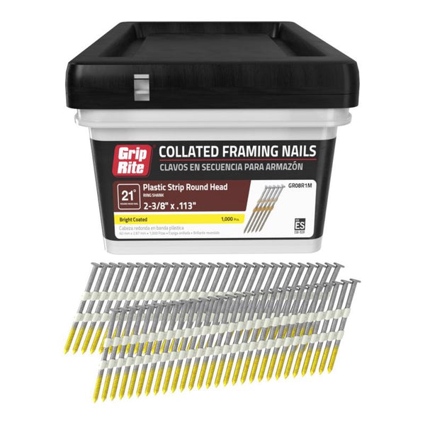 Grip Rite Prime Guard GR08R1M 21 Degree Plastic Strip Round Head Bright Coated Collated Framing Nails, 2-3/8" x 0.113"