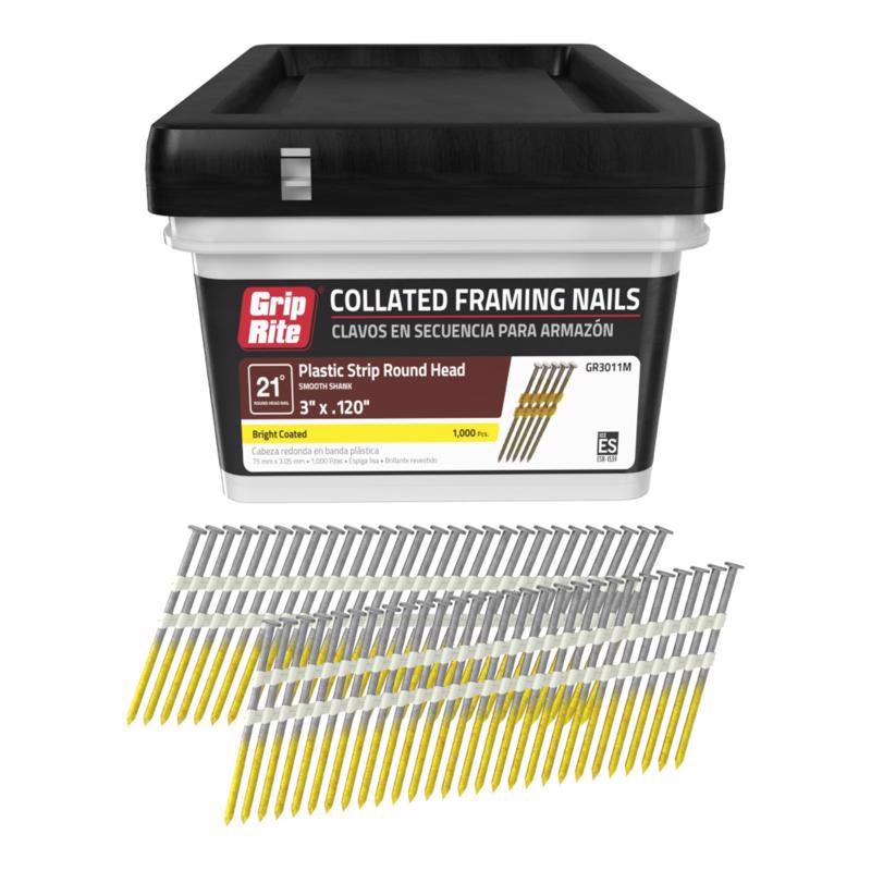 Gripe Rite GR3011M 21 Degree Plastic Strip Round Head Bright Coated Collated Framing Nails, 3'' x 0.120''
