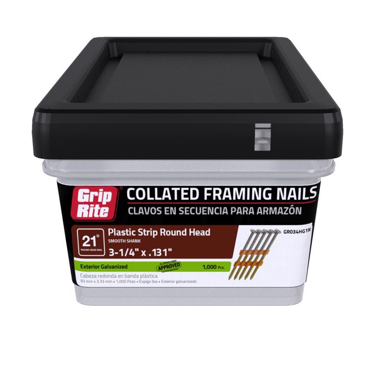 Grip-Rite 21 Degree Framing Nails - Exterior Galvanized Nails for Wood-To-Wood Framing Projects - Plastic Strip Collated Fastener - Round Head - Smooth Shank - 3-1/4" x .131" - 1000 Count - GR034HG1M