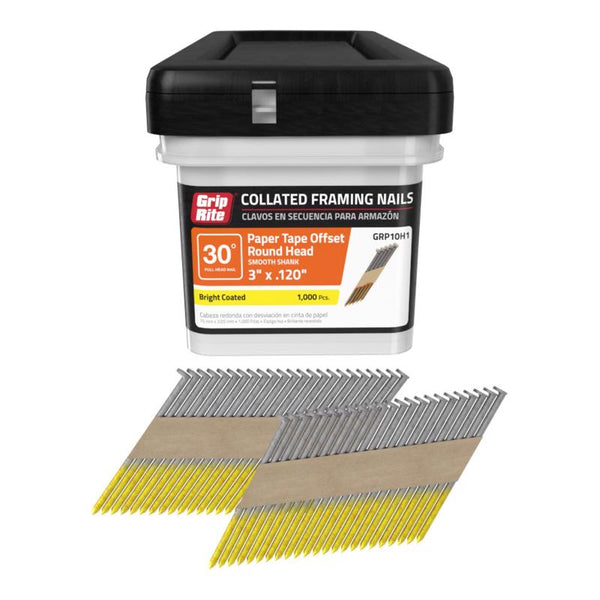 Grip Rite Prime Guard GRP10H1 30 Degree Paper Tape Offset Round Head Bright Coated Collated Framing Nails, 3'' x 0.120''