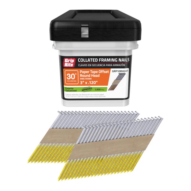 Grip-Rite GRP10RHGH1 3" x .120", 30-Degree Paper Collated, Round Head Framing Nail, Ring Shank, Galvanized, 1M Tub (1000 Count)