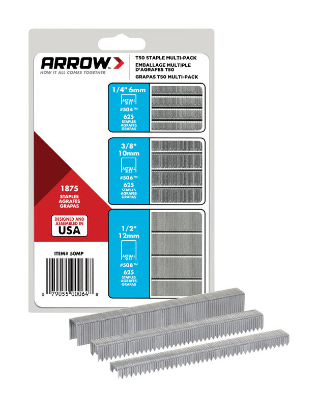 ARROW 50MP Heavy Duty T50 Staples Multipack, For Upholstery, Crafts, General Repairs, Includes 1/4-Inch, 3/8-Inch and 1/2-Inch Sizes, 3/8-Inch Crown Size,1875-Pack