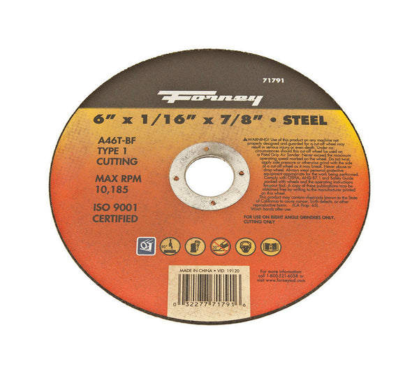 Forney 71791 Cut-Off Wheel with 7/8-Inch Arbor, Metal Type 1, A46T-BF, 6-Inch-by-1/16-Inch