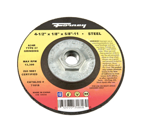 Forney 71818 Grinding Wheel with 5/8-Inch-11 Threaded Arbor, Metal Type 27, A24R, 4-1/2-Inch-by-1/8-Inch