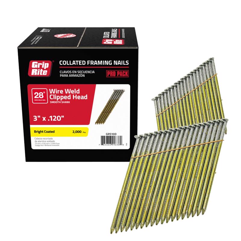 Grip Rite Prime Guard GRS10D 28-deg Bright Wire Clipped Head Nails, Smooth 3-inch by .120, Steel (2000 per Pack)