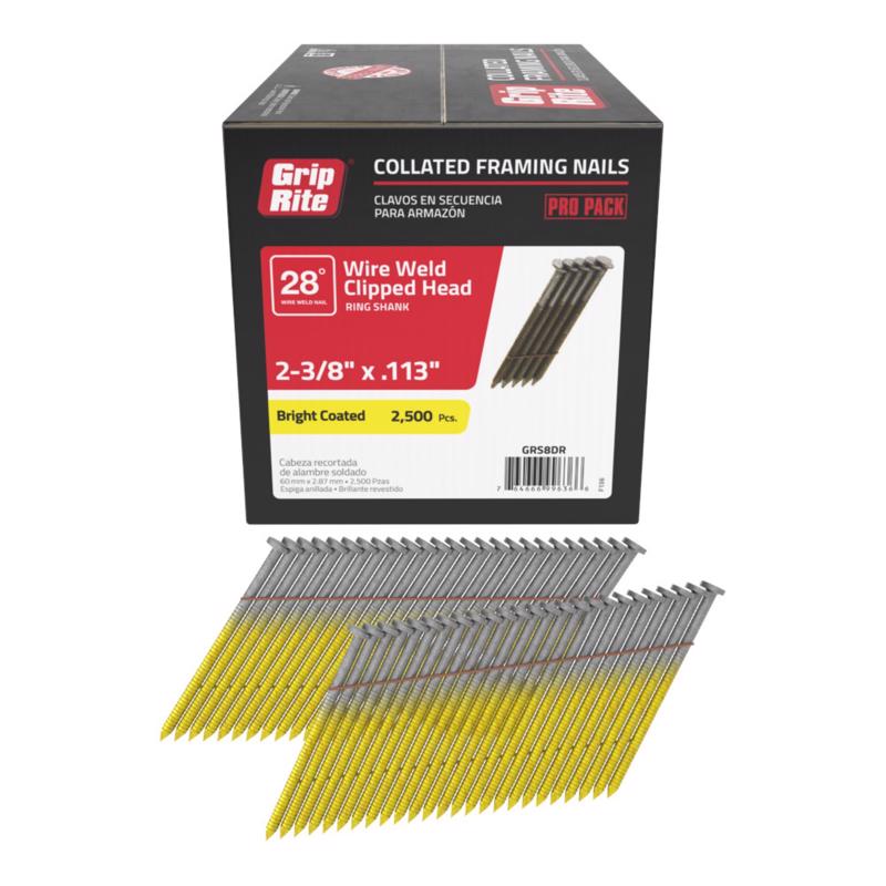 Grip Rite Prime Guard GRS8DR 28-deg Bright Wire Clipped Head Nails, Ring 2-3/8-inch by .113 (2,500 per pack), Steel