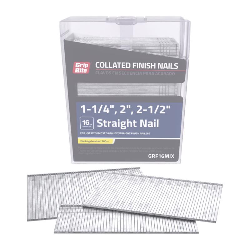 Grip Rite Prime Guard GRF16MIX 16 Gauge Mix Pack Electrogalvanized Straight Collated Finish Nails, 2'/2-1/2''/1-1/4''