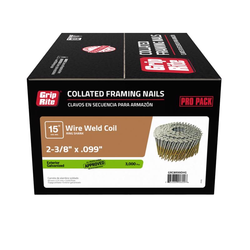 Grip Rite Prime Guard GRC8R99DHG 15-deg HD Galvanized Wire Coil Nails, Ring 2-3/8-inch by .099 (3,000 per Pack), Steel, Flat, Ring