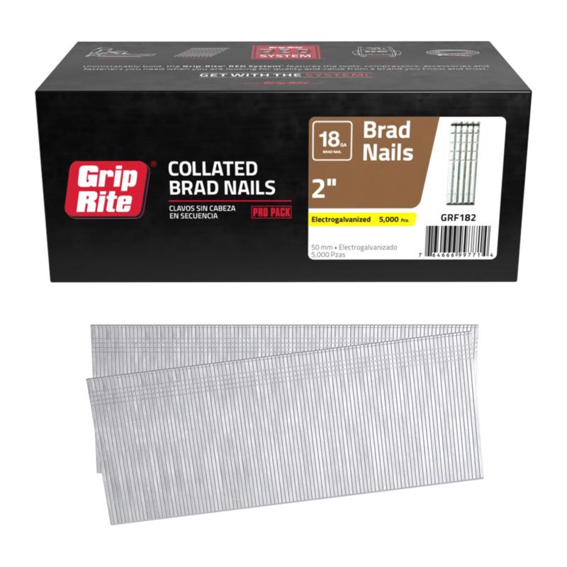 Grip Rite Prime Guard GRF182 18-Gauge Galvanized Brad Nails 2-inch (5,000 per Pack), Steel, Flat, Others