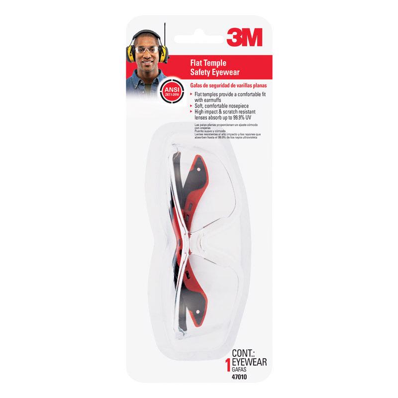 3M Flat Temple Safety Eyewear with Scratch Resistant Lens, Frame: Black/Red, Clear Lens 47010H1-DC