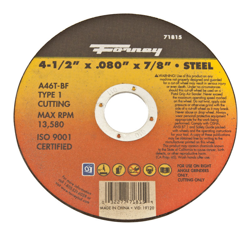 Forney 71815 Cut-Off Wheel with 7/8-Inch Arbor, Metal Type 1, A46T-BF, 4-1/2-Inch-by-0.080-Inch