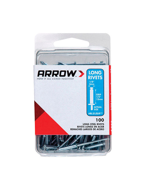 Arrow RLS1/8IP Long Steel 1/8-Inch Pop Rivets for Metal, Fabric, Leather, and Auto Repair, 100-Pack