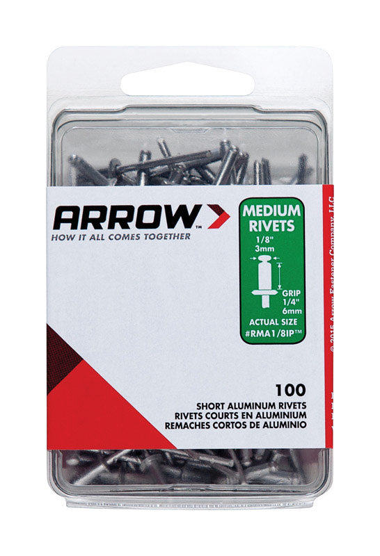 Arrow RMA1/8IP Medium Aluminum 1/8-Inch Pop Rivets for Metal, Fabric, Leather, and Auto Repair, 100-Pack