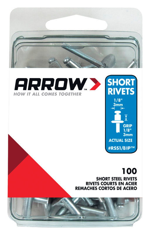 Arrow RSS1/8IP Short Steel 1/8-Inch Pop Rivets for Metal, Fabric, Leather, and Auto Repair, 100-Pack