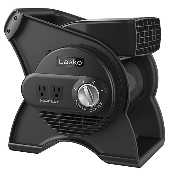 Lasko Portable Utility Fan, 12" 289 CFM Pivoting High Velocity Air Mover Blower Fan, 3 Speeds, 2 Accessory Outlets 120V, Black, U12104