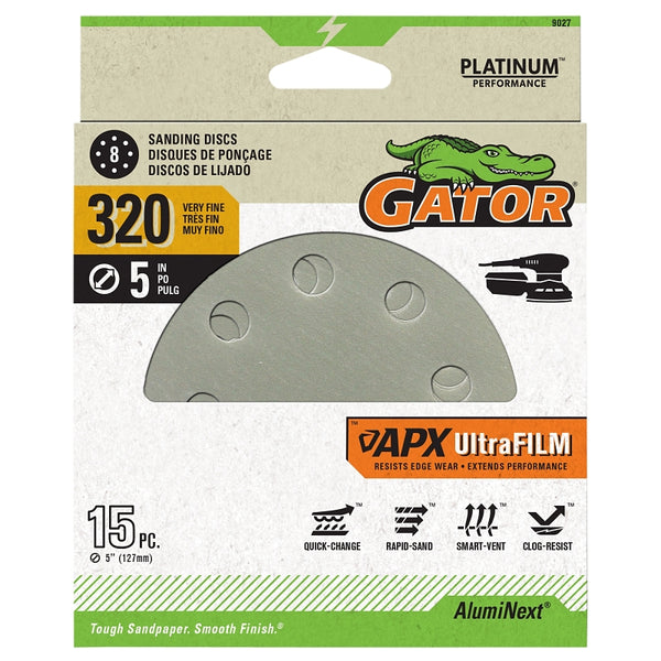Gator 9027 APX Ultrafilm Sanding Discs, Hook & Loop, 320 Grit, 5 In., 15-Pk. - Quantity 1
