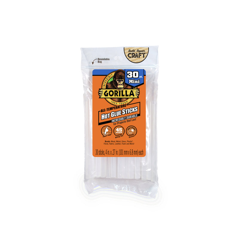 Gorilla Hot Glue Sticks, Mini Size, 4" Long x .27" Diameter, 30 Count, Clear, (Pack of 1)