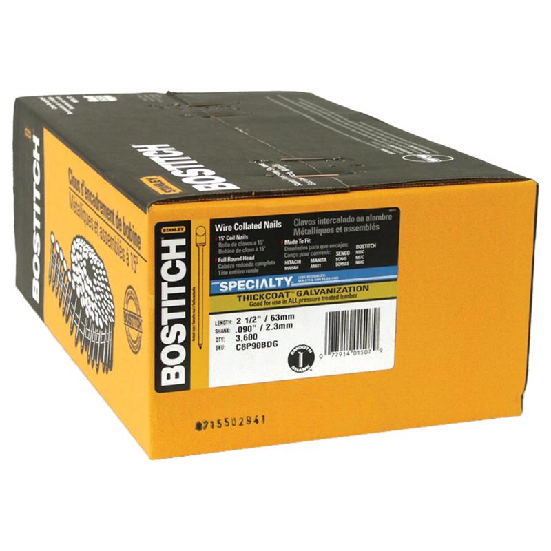 BOSTITCH Siding Nails, Wire Collated Coil, Thickcoat Galvanized, Round Head, 15-Degree, 2-1/2-Inch x .090-Inch, 3600-Pack (C8P90BDG)