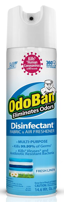 OdoBan Ready-to-Use 360-Degree Continuous Spray Disinfectant & Harsh Aroma Eliminator, Fabric and Air Freshener, Made in the USA, Fresh Linen Scent, 14.6 Ounces 910701-14A6