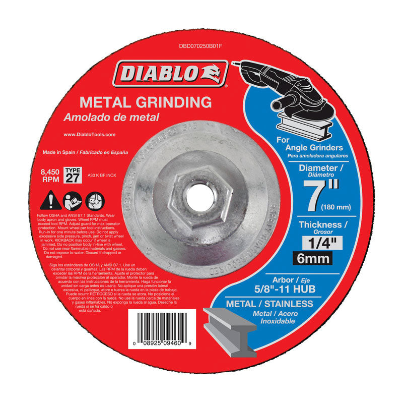 Diablo Type 27 HUB Metal Grinding Disc - Superior Performance - 7" Diameter, 5/8"-11 Arbor, 27 Hub Type, 1/4" Thickness, 8450 Max RPM - DBD070250B01F