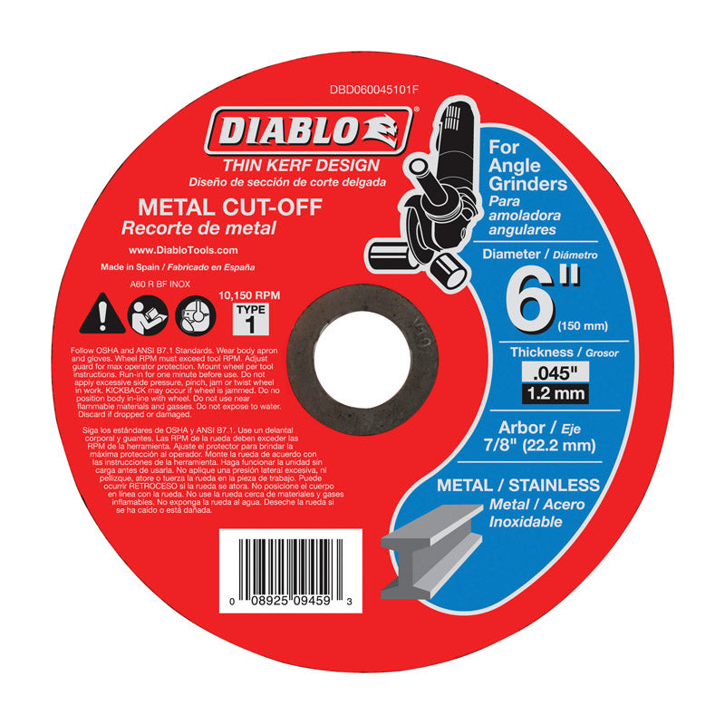 Diablo Metal Cut-Off Disc - Superior Performance - 6" Diameter, 7/8" Arbor, 1 Hub Type, 0.045” Thickness, 10150 Max RPM - DBD060045101F