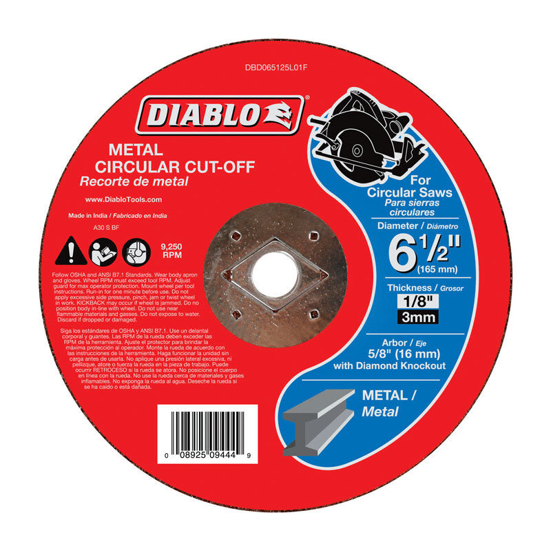 Diablo Metal Cut - Off Disc - Superior Performance - 6-1/2" Diameter, 5/8" DKO Arbor, 1 Hub Type, 1/8" Thickness, 9250 Max RPM - DBD065125L01F
