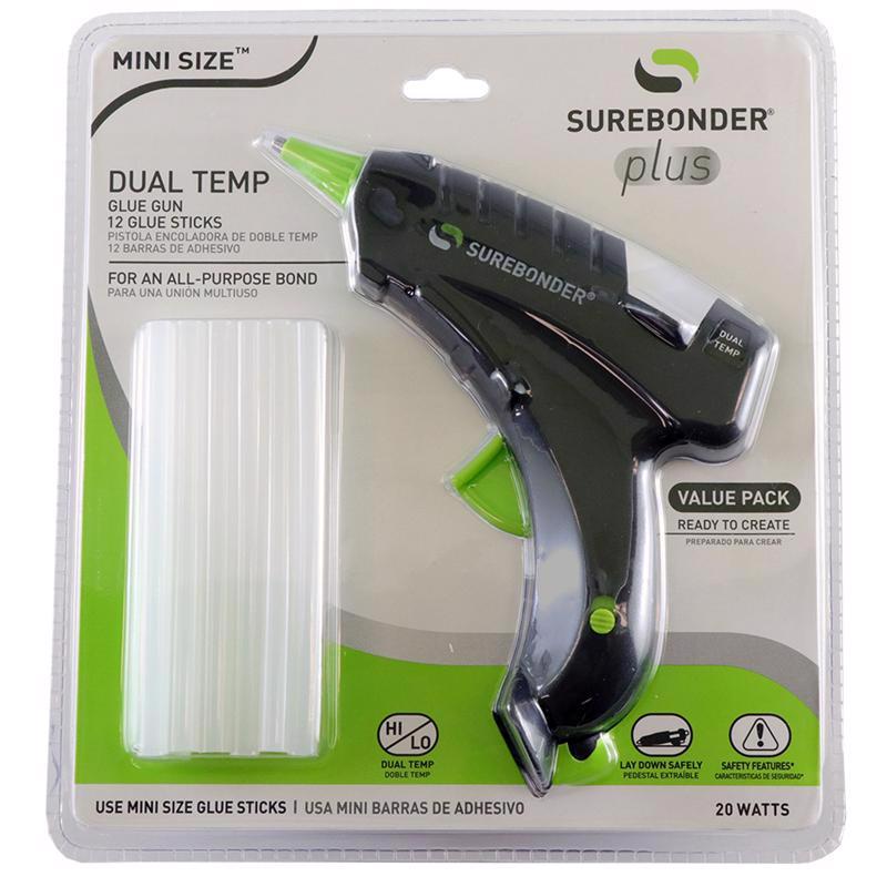Surebonder Mini Hot Glue Gun With Dual Temperature, Includes 12 Glue Sticks, 20W, 120V, Bond a Variety of Materials Including Delicate Fabrics and Strong Woods & Metals (Plus Series DT-200FKIT)