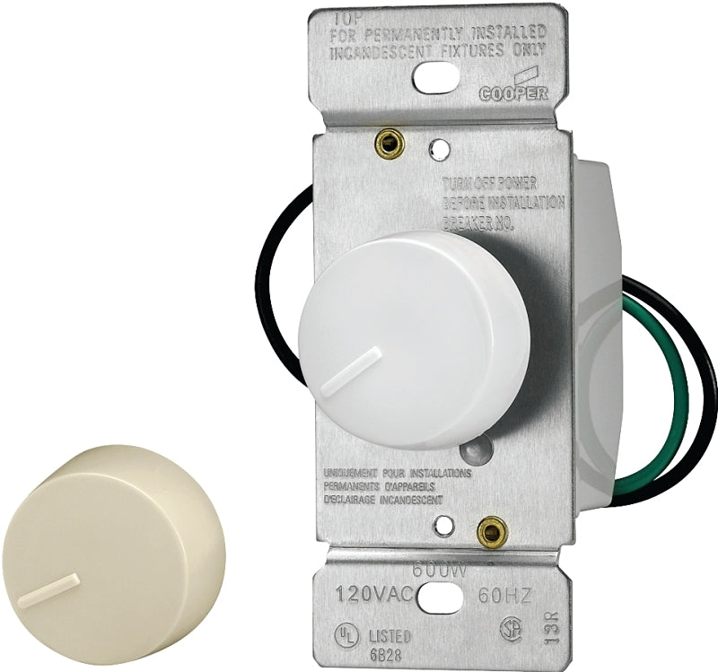 EATON RI061-VW-K2 Core React Non-Preset Rotary Dimmer, 600 W, 120 Vac, 1 Pole, Ivory/White