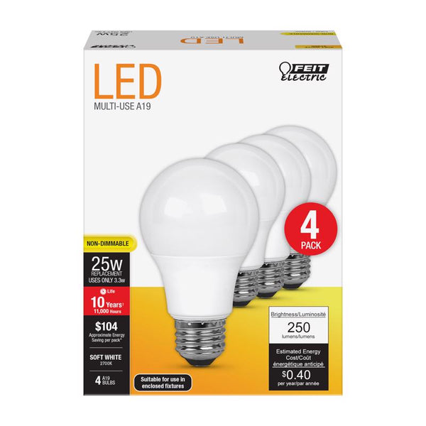 Feit Electric A19 E26 (Medium) LED Bulb Soft White 25 Watt Equivalence 4 - Total Qty: 1 A250/82710KLED4