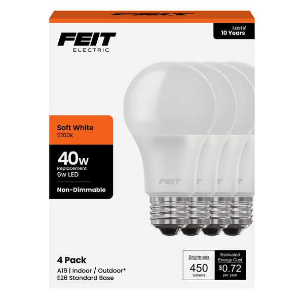 Feit Electric A19 LED Light Bulbs, 40W Equivalent, Non Dimmable, 450 Lumens, E26 Standard Base, 2700k Soft White, 80 CRI, 10 Year Lifetime, Energy Efficient, 4 Pack, A450/827/10KLED/4