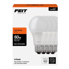 Feit Electric LED Light Bulbs, A19 60W Equivalent, Non Dimmable, 800 Lumens, A19 LED Light Bulbs, E26 Base, 2700k Soft White, A19 LED Bulbs, 10 Year Lifetime, 4 Pack, A800/827/10KLED/4